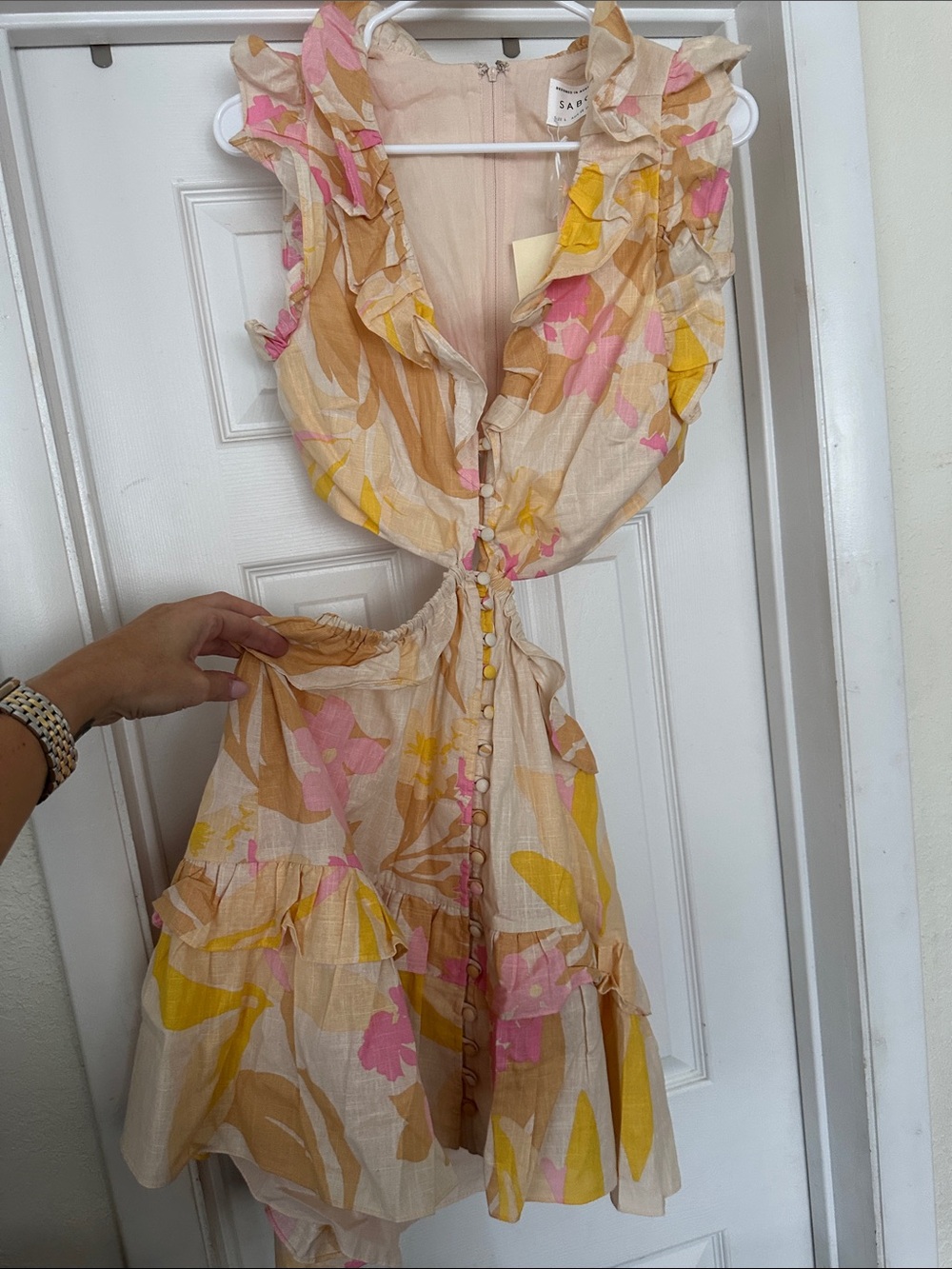 Sabo Skirt Pink, Yellow & Tan Floral Ruffle Tie-Front Mini Dress